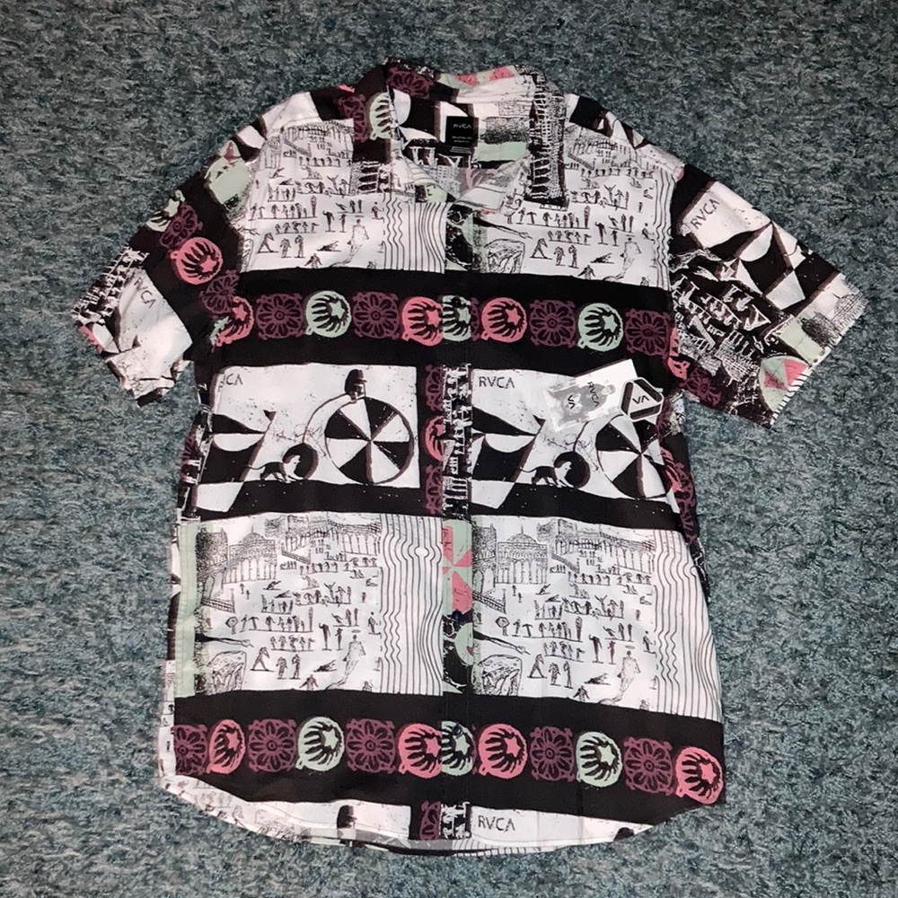 RVCA Green Sugar SS Button Down Shirt in BLACK/WHITE/MULTI_Size XXL